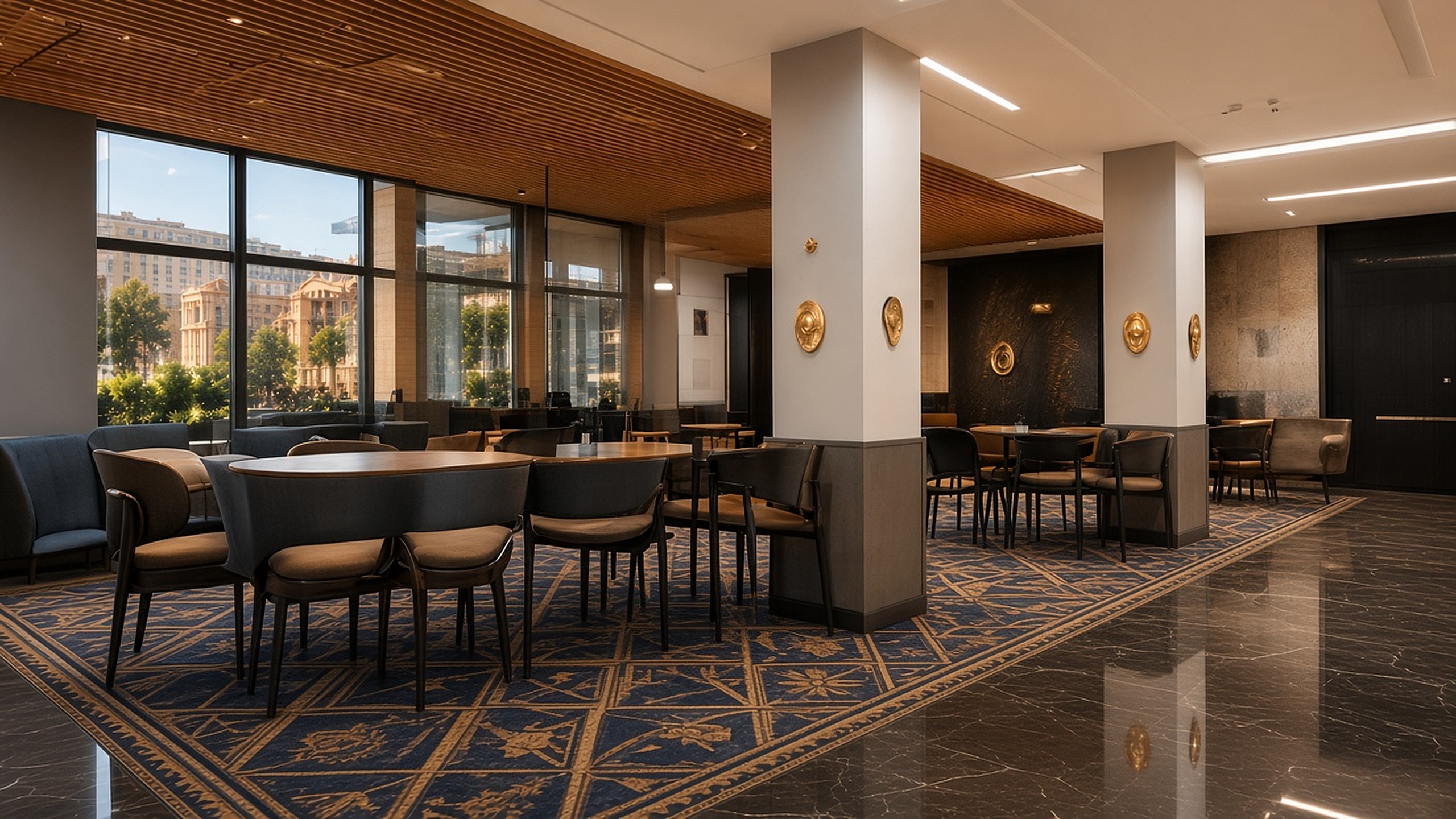 Hotelreceptie met warme interieurafwerking.