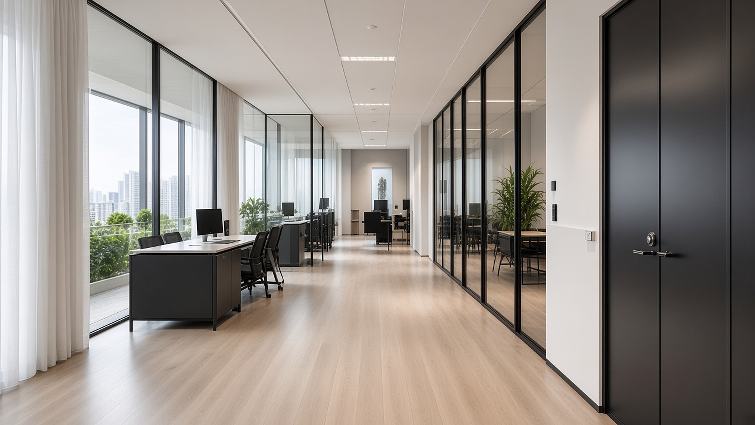 Moderne kantooromgeving met glazen scheidingswanden.
