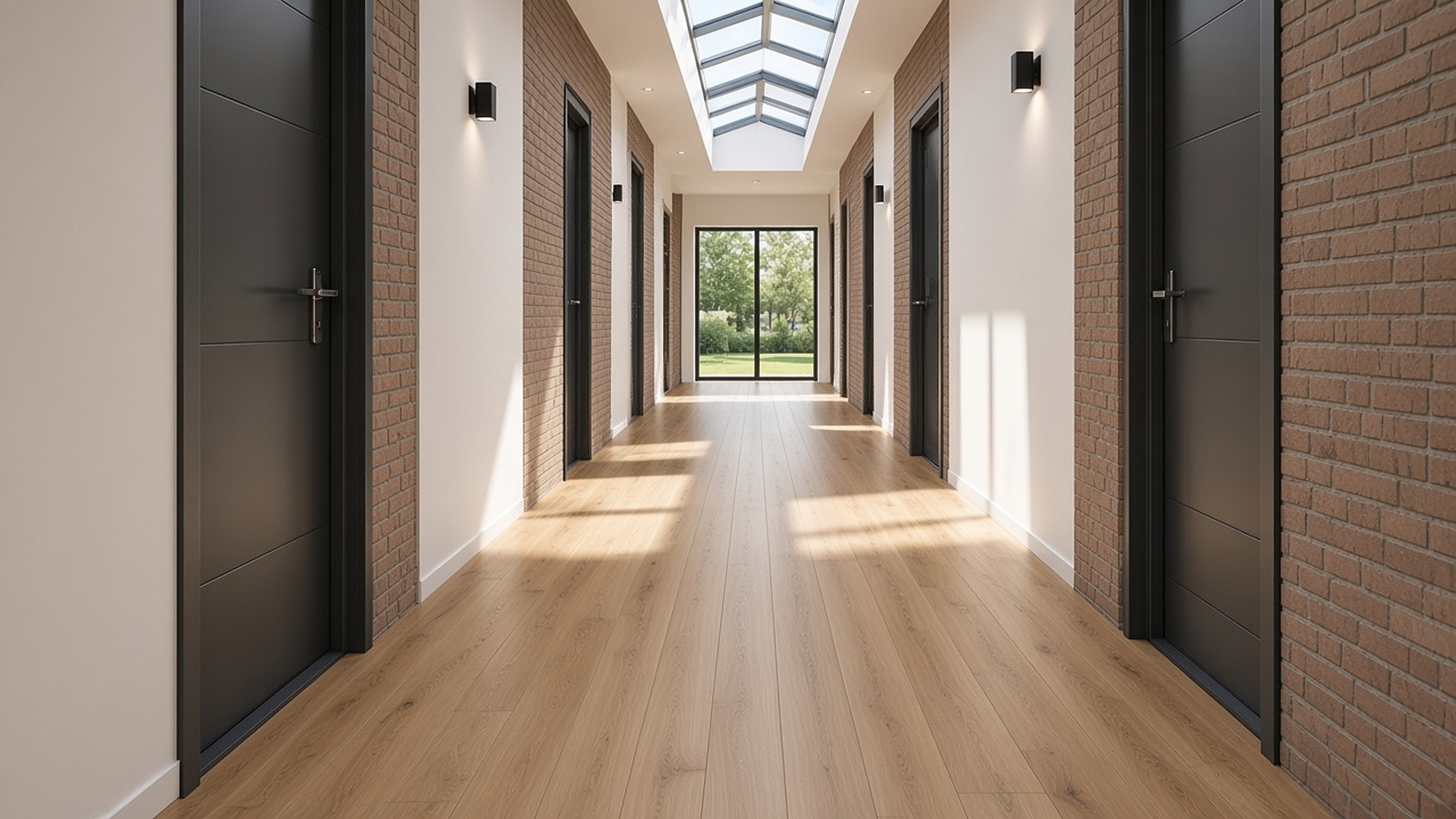 Lichte woonkamer met houtkleurige vloer.